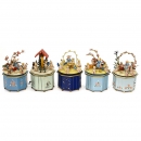 5 Thorens Musical Boxes with Erzgebirge Carvings, c. 1960