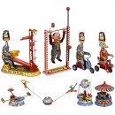 8 Lithographed Circus Tin Toys and Fairground Carousels, c. 1950