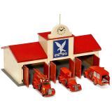 停有3辆消防车的消防站模型, Tekno制造, 约1948年