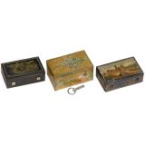 3 Musical Boxes in Decorated Tin Cases, c. 1890