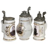 3 Beer Mugs with Enamel Photographs of Emancipated Women