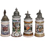 4 German Porcelain Regimental Steins